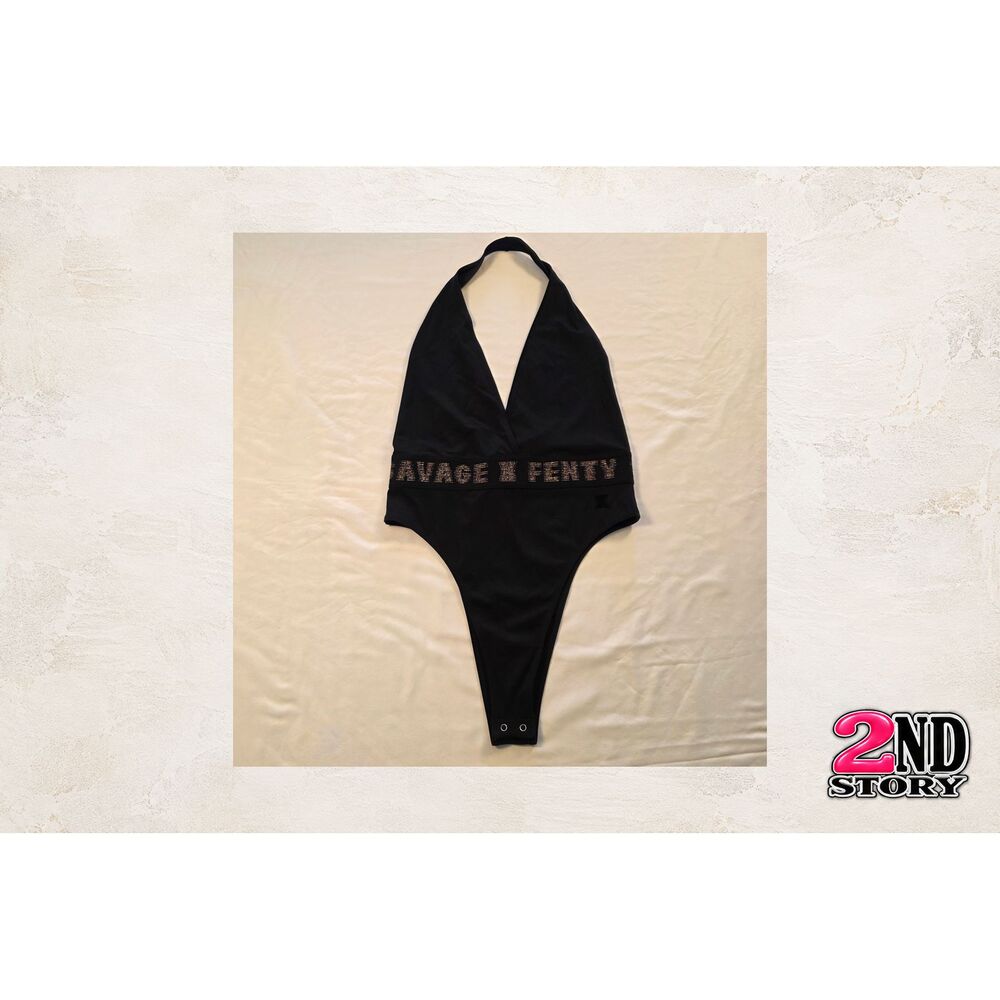 Savage X Fenty Women's Black Halter Thong Bodysuit Small Logo Band
